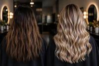 two women with long wavy hair in a salon